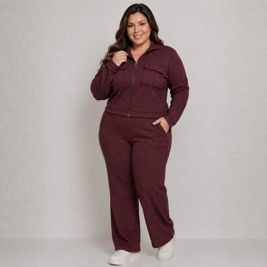 Conjunto Feminino Inverno Plus Size Pantalona casaco Elegante Bolso e Zíper confortável estiloso moda tricô quentinho