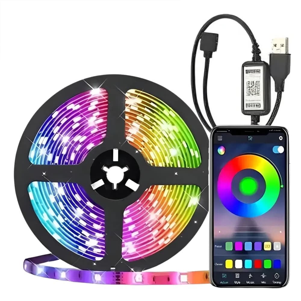 Fita Led RGB 5M Modo ativado por voz c/ controle OU Bluethooth APP KAP-5050P