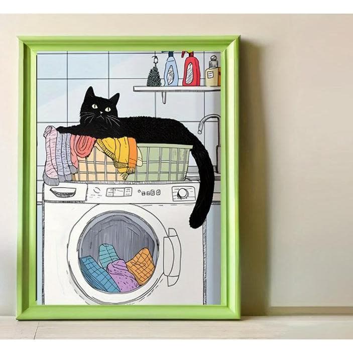 Quadro Placa Lavanderia Gato Máquina de Lavar Colorido Divertido Área de Serviço Cozinha Decoração