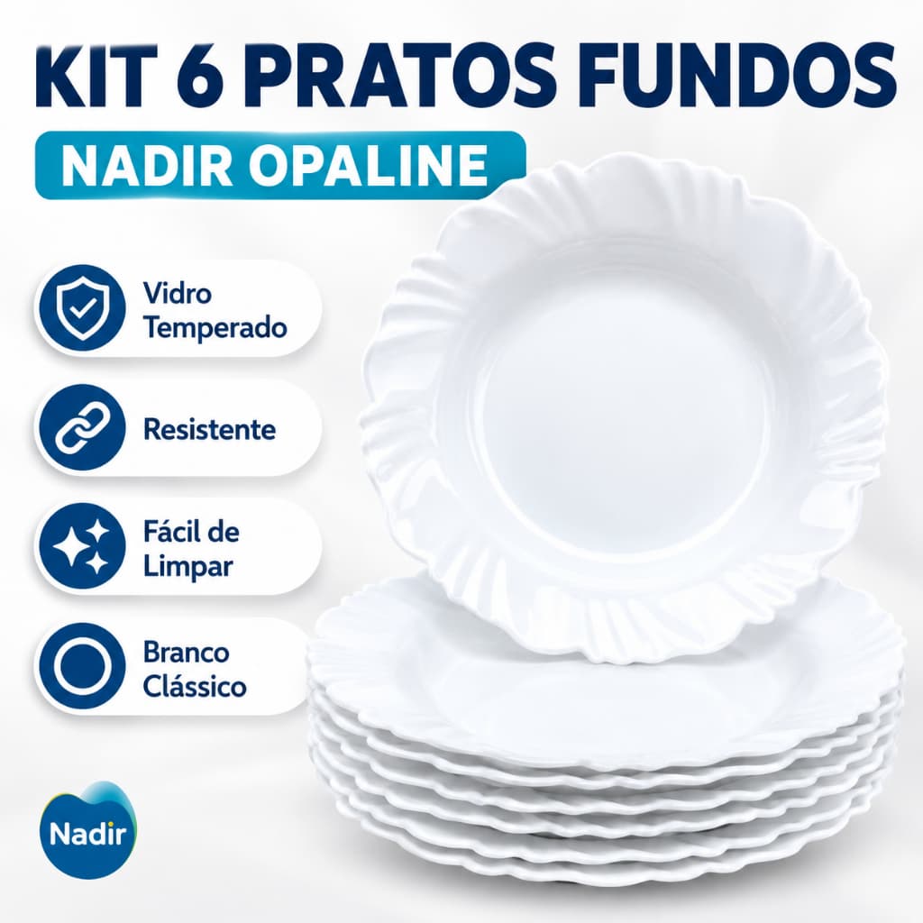 Kit 6 Pratos Fundos Nadir Opaline Branco Vidro Temperado Louça Refeição Sopa Macarrão Cozinha