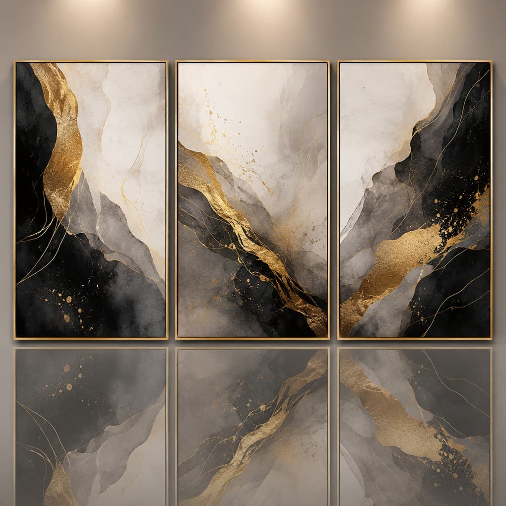 Quadro Decorativo Abstrato 3 Peças Preto Dourado Luxo Moderno Sala