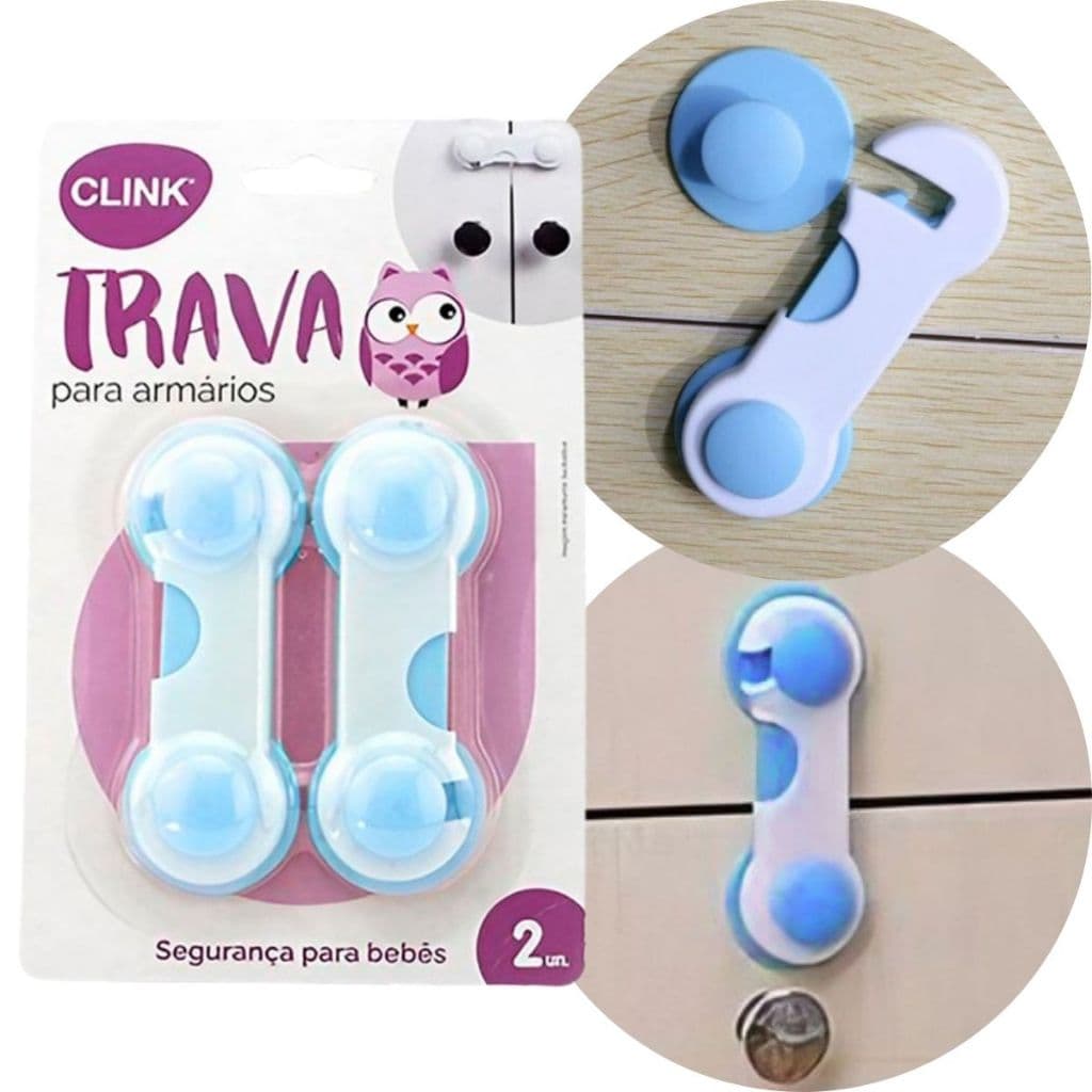 Kit 2 Trava Fecho Para Gaveta Azul Armário Protetor Segurança Bebê Criança Multiuso De Plástico