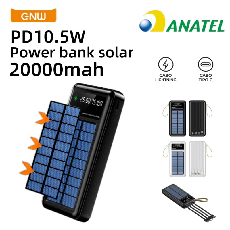 Power Bank Solar 20000mAh 10.5W com 4 Cabos Embutidos-Carregador Portátil com Painel Solar-Disponível em Preto e Branco