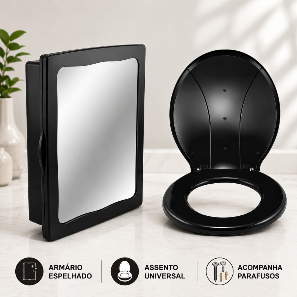 Combo Banheiro Armário Espelhado Sobrepor e Assento Sanitário Universal Preto ou Branco Resistente