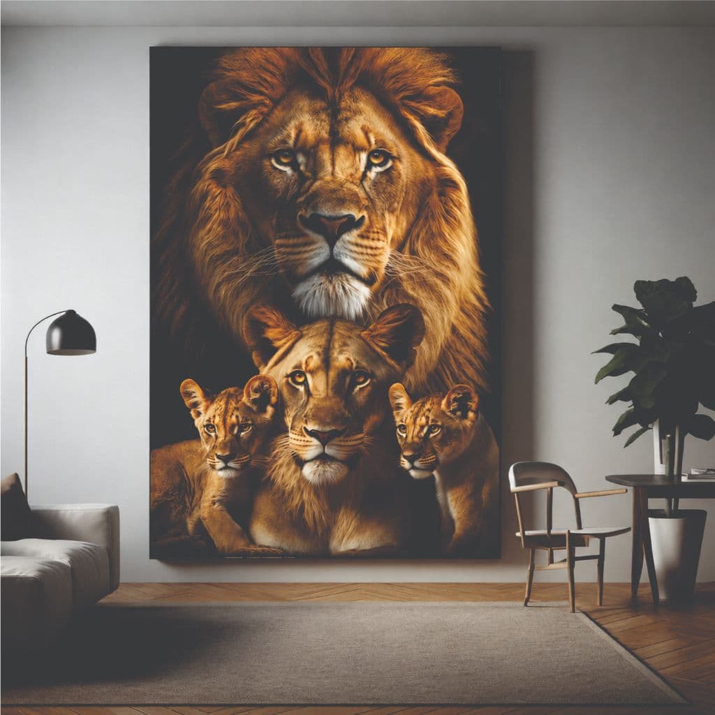 Quadro Decorativo Grande 110x80 Familia De Leões Filhotes Luxo Hd Para Sala Quarto