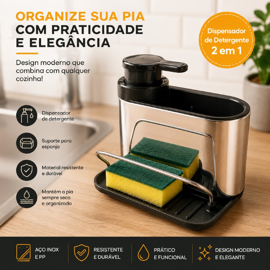 Organizador de Pia Inox Compacto 2 EM 1 Porta Detergente e Esponja Escorredor Inoxidável Suporte