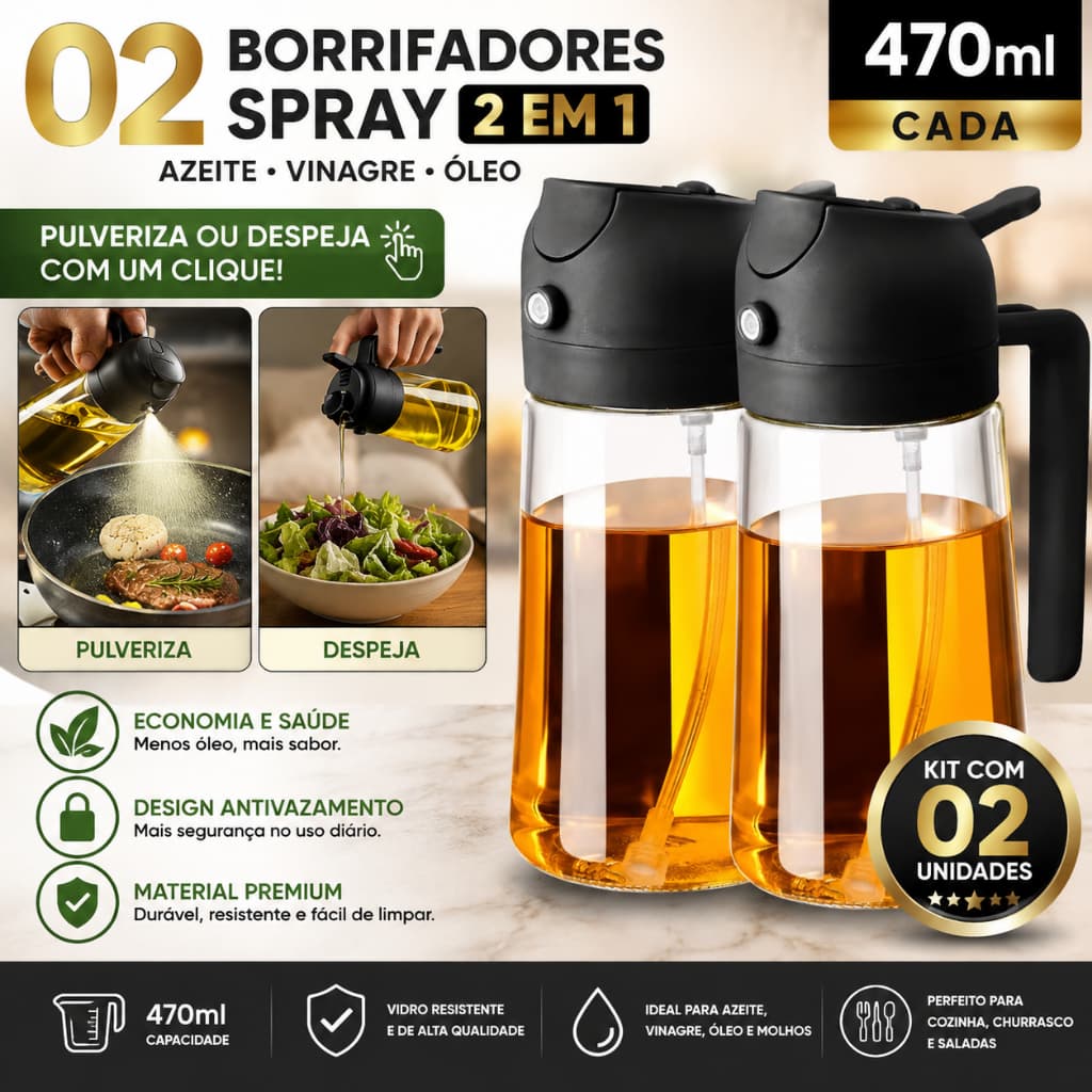Kit 2/4/6 Spray de Azeite Vinagre Vidro 470ml Borrifador Galheteiro Pulverizador Jato Airfryer Cozinha Premium Preta