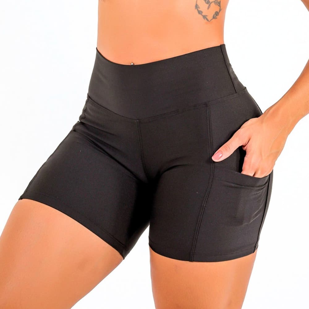 Short Fitness Feminino Cintura Alta Com Bolso Lateral Suplex Encorpado Academia Casual Minay