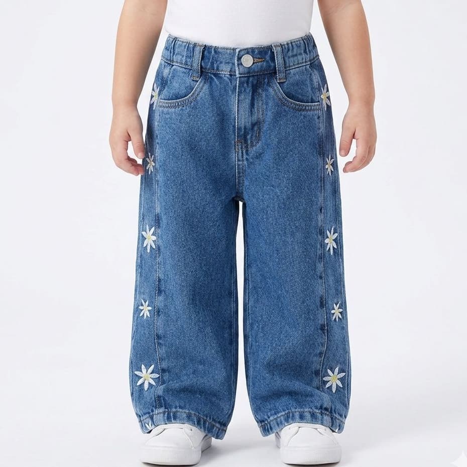 Calça Jeans  Wide Leg Infantil Menina Bordado Margarida Premium 1 a 3 Anos