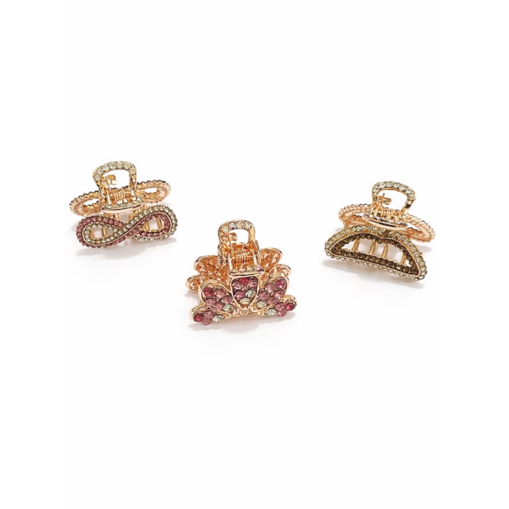 Kit 3 Piranhas Mini Strass Luxo Feminina | Presilha de Cabelo Dourada com Brilho Elegante