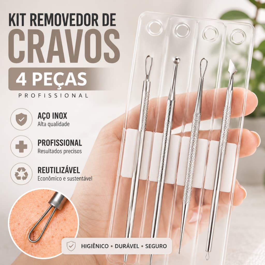Kit Extrator De Cravo Espinha Profissional Inox Limpeza de Pele Conjunto de 4 Peças