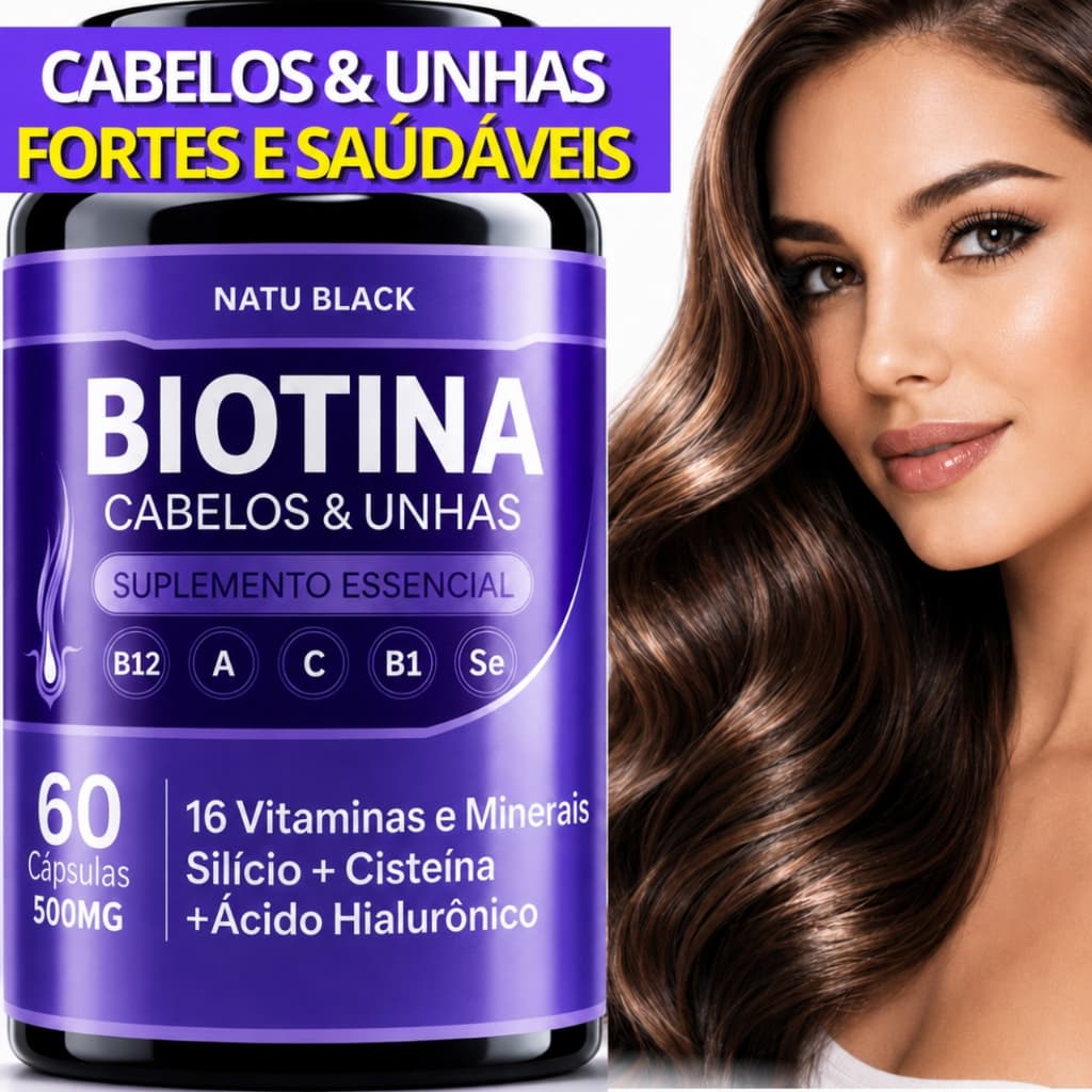 BIOTINA + ÁCIDO HIALURÔNICO e VITAMINAS para Cabelo Unhas Pele 60 Cápsulas ( POTE PARA 30 DIAS USO )