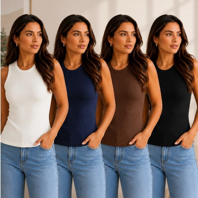 Kit 4 Regatas Feminina Canelada Gola Redonda Blusinha Justinha Alça Larga Tampa Sutiã Moda Casual