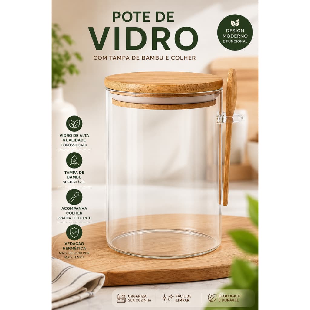Pote Hermético de Vidro com Tampa de Bambu e Colher | Vedação Silicone
