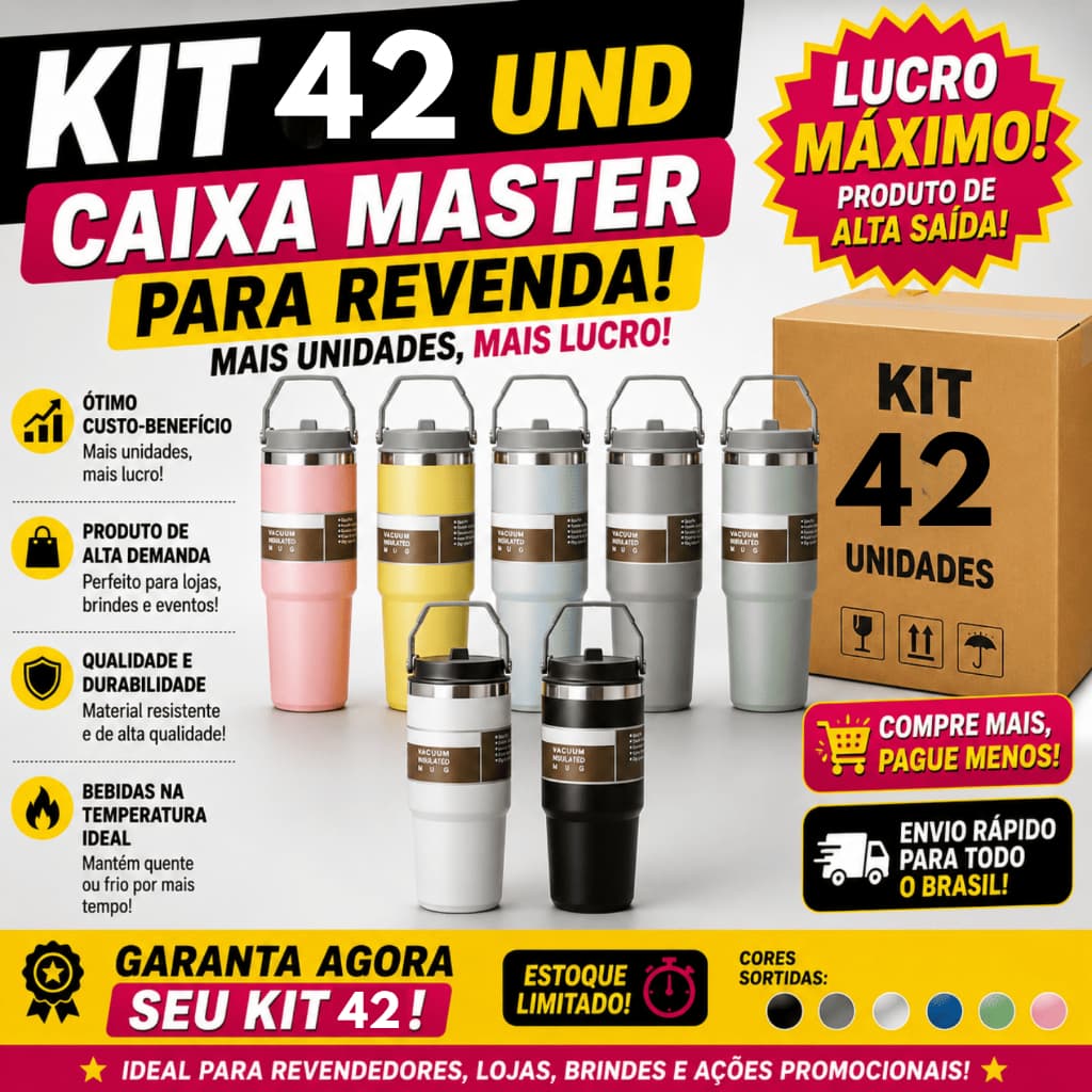 Kit 42 Garrafa Térmica Flip 887ml com Alça e Canudo Atacado Caixa Revendedor Premium Venda Lucre