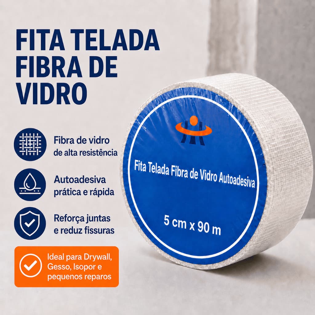 Fita Telada 50MM X 90M Fibra de Vidro Para Drywall Gesso Junta Trincas Isopor Auto Adesiva Trançada