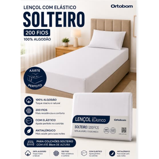 Lençol Solteiro com Elástico 200/400 Fios 100% Algodão Ortobom Branco Antialérgico