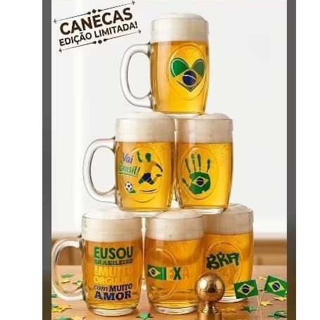 Caneca Copa Hexa Brasil Caneca  de Chopp Vidro Relevo Oval  350ml
