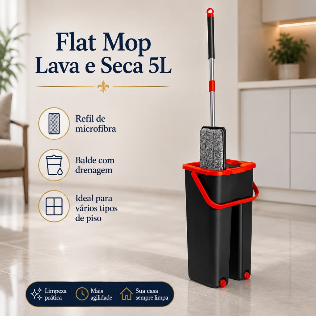 Flat Mop Lava e Seca Com Balde 5L + Refil, Microfibra Limpeza, Esfregão, Mopi