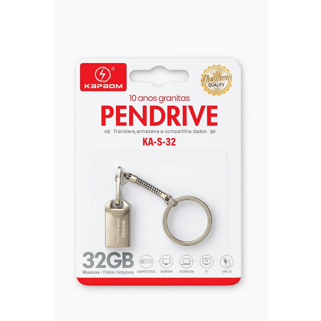 Pendrive Kapbom 32GB USB 2.0 KA-S-32 Memória Flash Portátil para Armazenar Fotos Vídeos Músicas e Arquivos