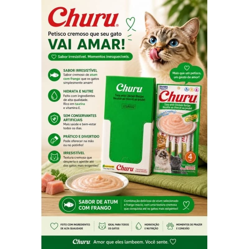 Petisco para gato Churu Atum com Frango 4 Tubos de 14g Gatos