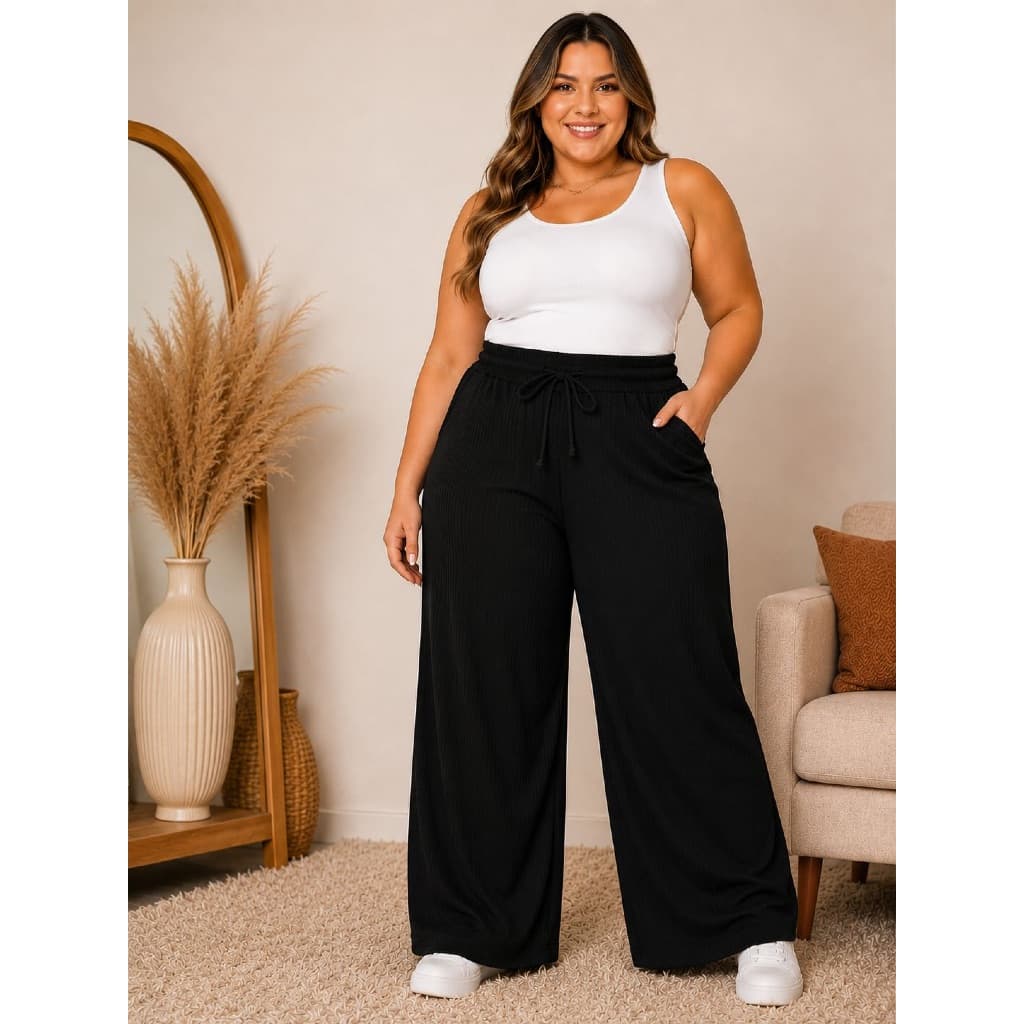 Calça Feminina Plus Size Pantalona Cos Alto Canelada