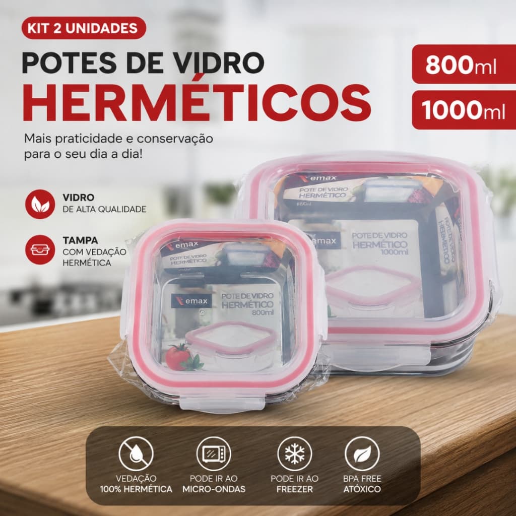 Kit 2 Potes de Vidro Hermético de 800ml e 1000ml Tampa Trava BPA Free Micro-ondas Freezer