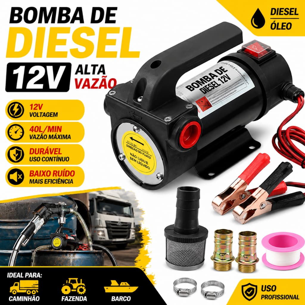 Bomba Elétrica para Transferência de Óleo Diesel  12V 200W 4200 rpm para Diesel e Querosene –  – Pronta Entrega