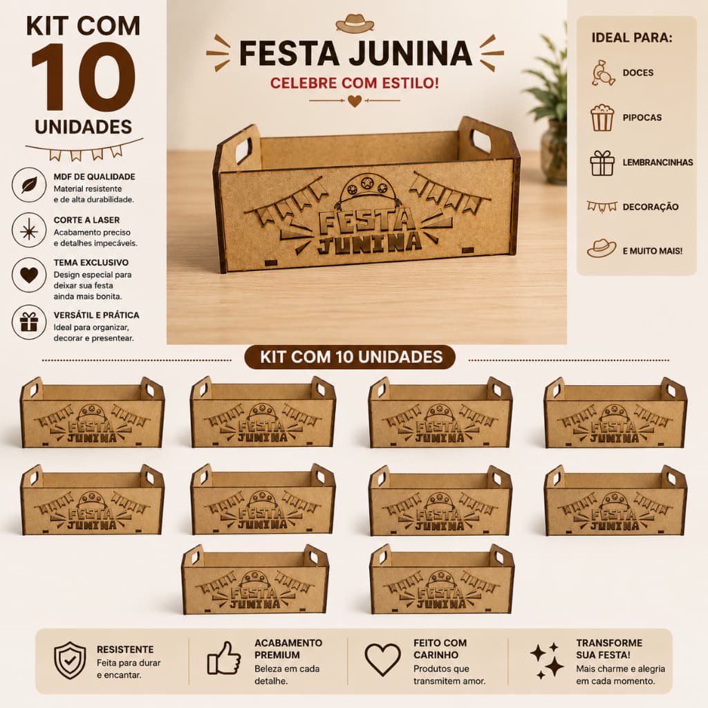 10 Caixote Decoração Festa Junina Centro de Mesa Mdf