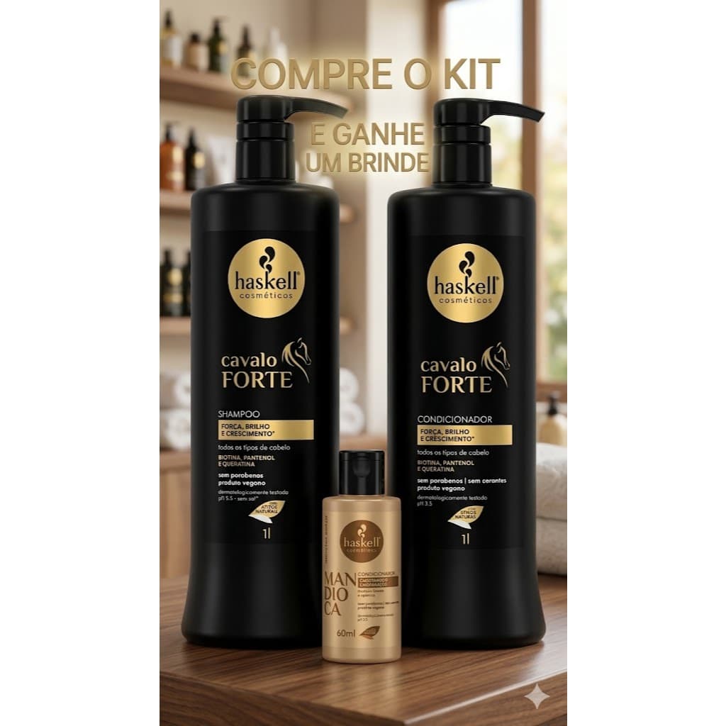 Kit Cavalo Forte  Shampoo e Condicionador 1L - Haskell , Condicionador Mandioca 60ml