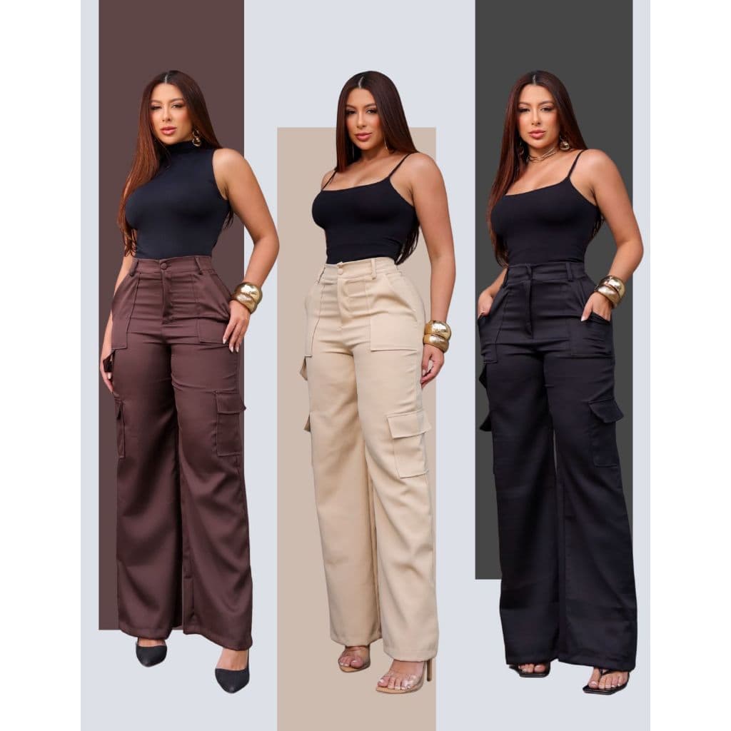 Kit C/3 Calça Cargo Alfaiataria Feminina Bolsos Cintura Alta Cores Lançamento Blogueira