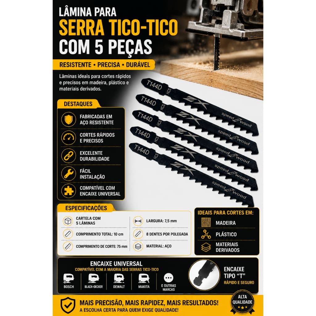 Kit Lâminas Serra Tico Tico Universal 5 Peças Corte Madeira MDF e Plásticos Profissional
