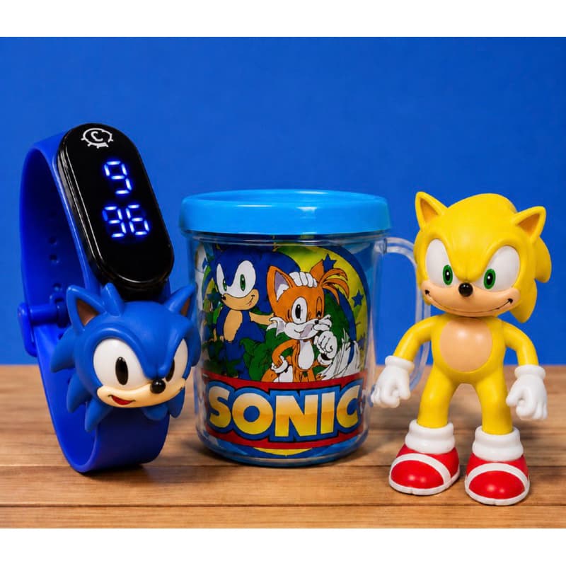 Combo 3 Sonic amarelo Infantil Boneco + Copo + Relógio LED