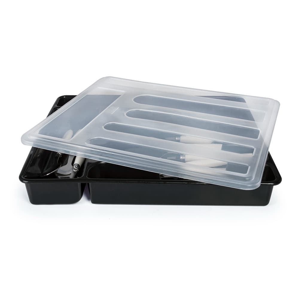 Porta Talher Com Tampa 6 Divisórias Plastico Preto Organizador Gaveta Cozinha Pia