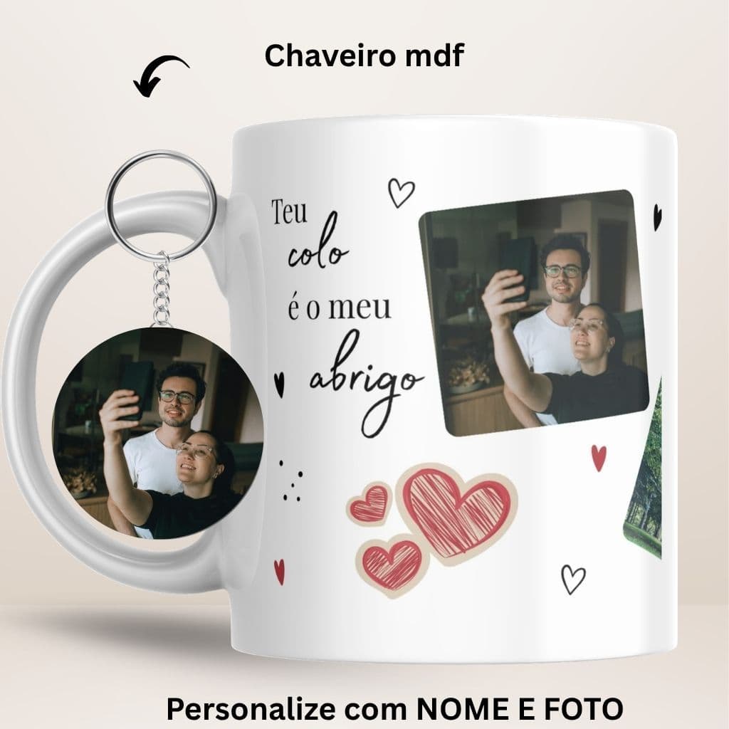 Caneca personalizada nome e foto casal/amor + chaveiro mdf personalizado + caixa visor coração