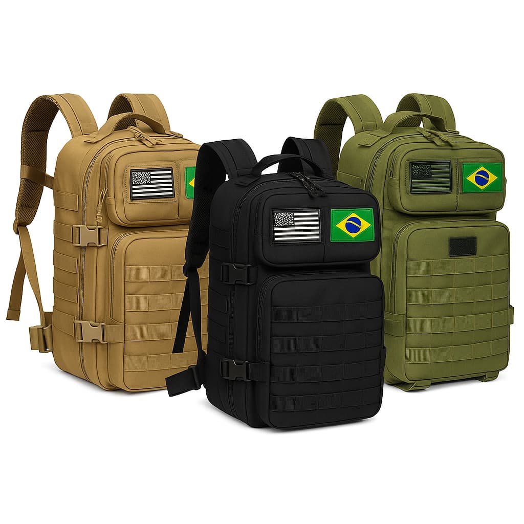 Mochila Tatica Militar Reforçada 50 Litros Grande Impermeável P/Viagem Aventura Camping Bandeira  BR