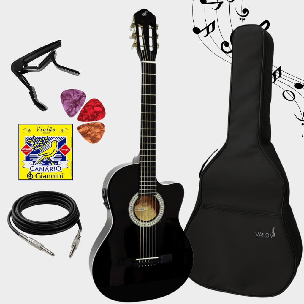VIOLÃO GIANNINI NF-14 BLACK KIT COMPLETO: CAPA + CABO + CAPO + PALHETAS
