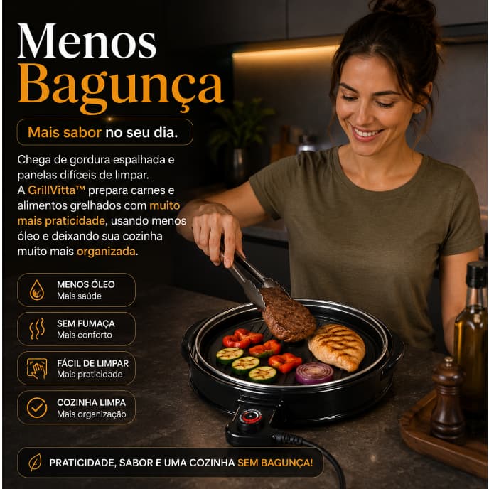 Grill Elétrico GrillVitta Redondo Antiaderente 127V Termostato Ajustável Potência Alta Churrasqueira Elétrica Premium