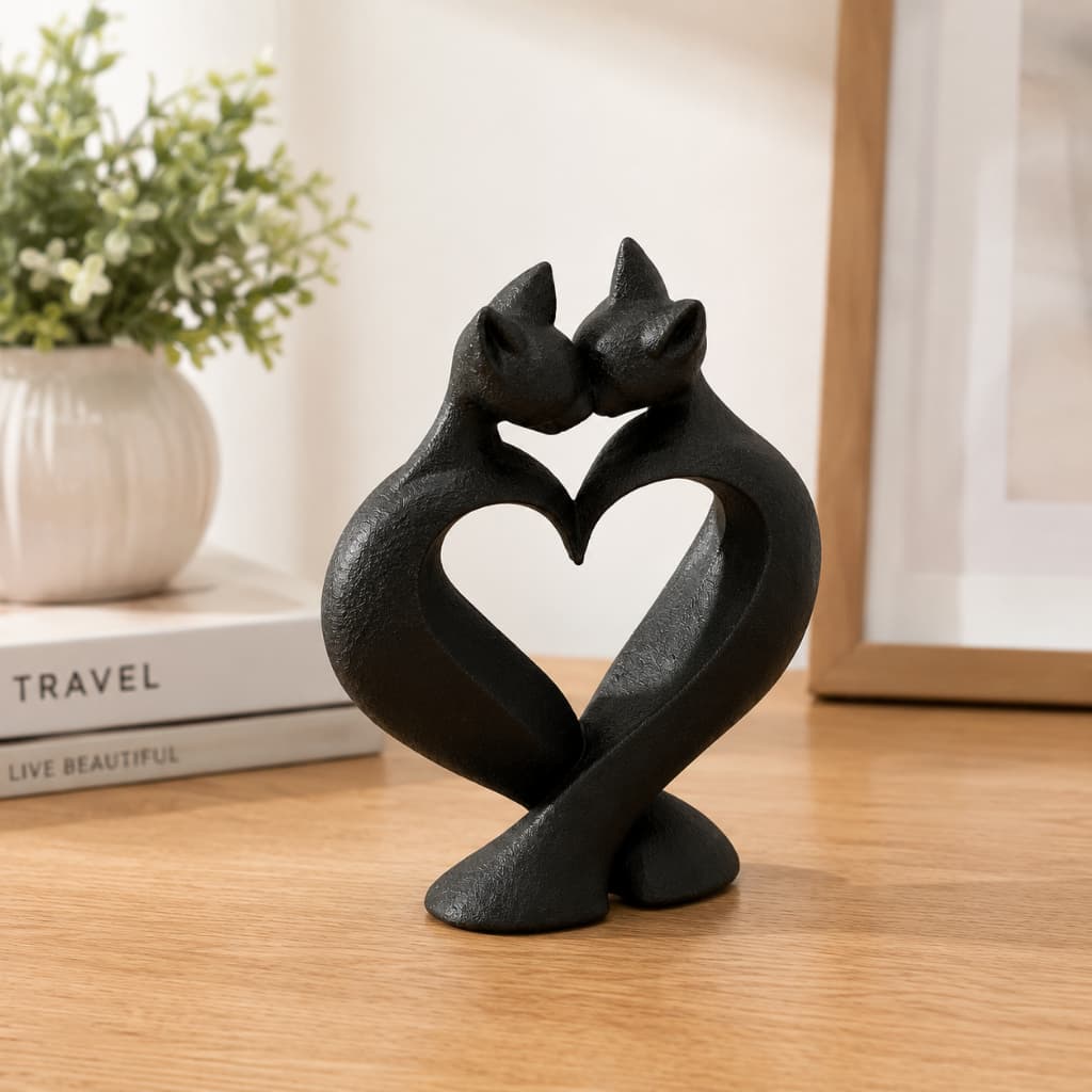 Escultura Decorativa Casal de Gatos Amor Infinito Moderna Romântica Presente Dia dos Namorados