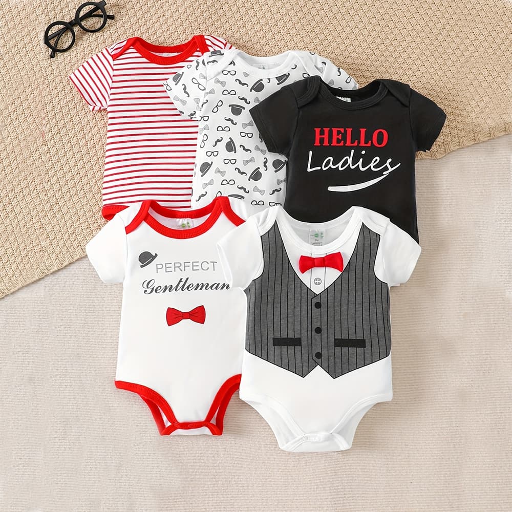 Pijama Bebê Kit 5 Macacão Tema Gentleman Manga Curta 100% Algodão 0-12M Recém-Nascido