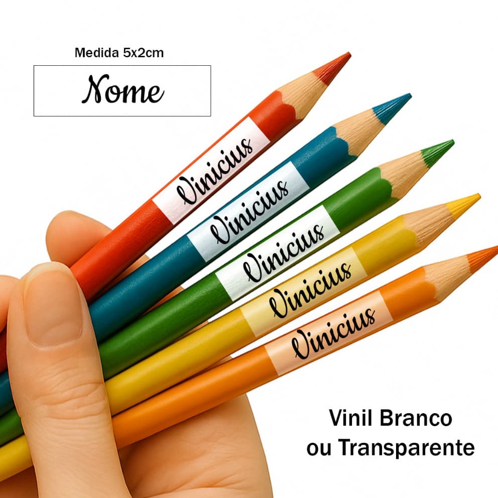 150 Etiquetas Escolares Personalizadas para Lápis e Cadernos com nome - Branco ou Transparente