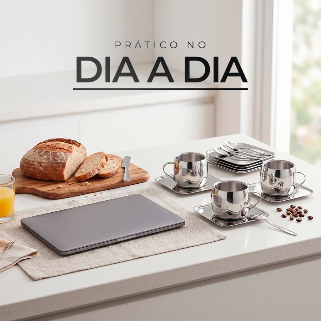 Kit Café Tramontina Inox 18 Peças Xícara Pires Colher Parede Dupla Brilho