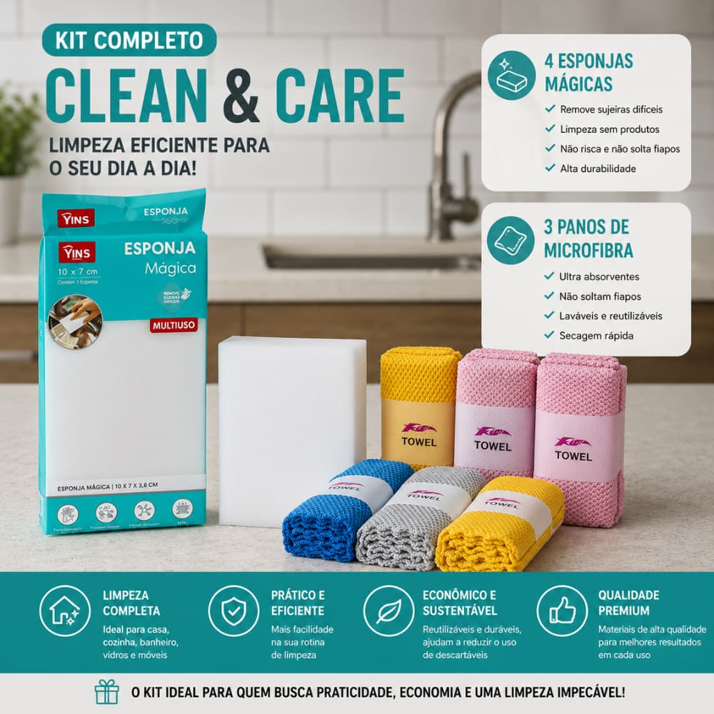 Kit Limpeza carro cozinha casa Esponjas Mágicas 4Un e Panos Microfibra 3Un Multiuso