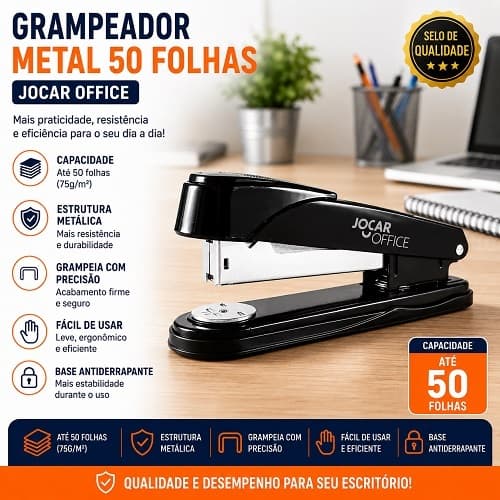 Grampeador Metálico 50 folhas Jocar Office Alta Resistência e Durabilidade Escritório Papelaria