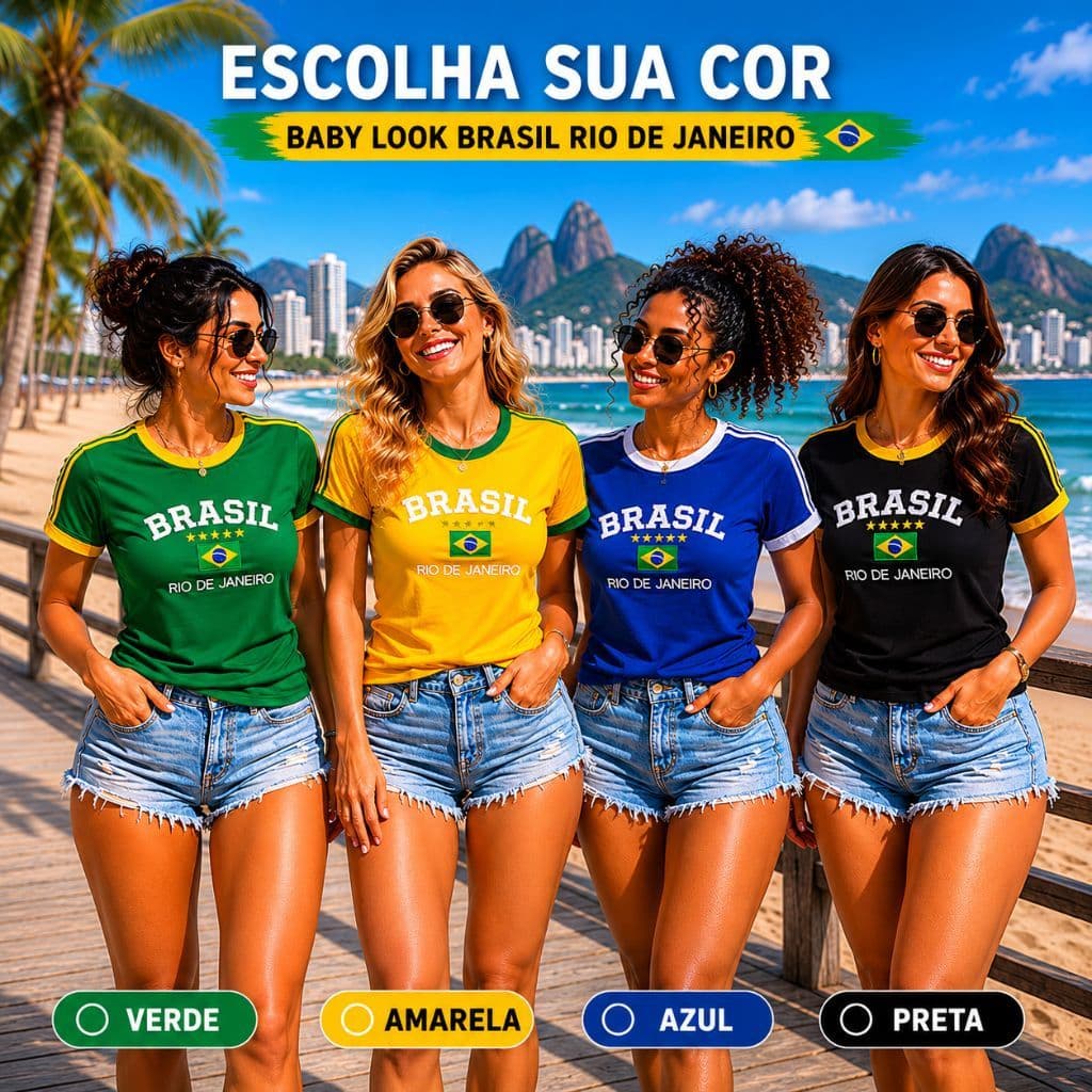 Camisa Brasil Bordada Premium BabyLook Baby Tee Algodão Feminina  Rio de Janeiro