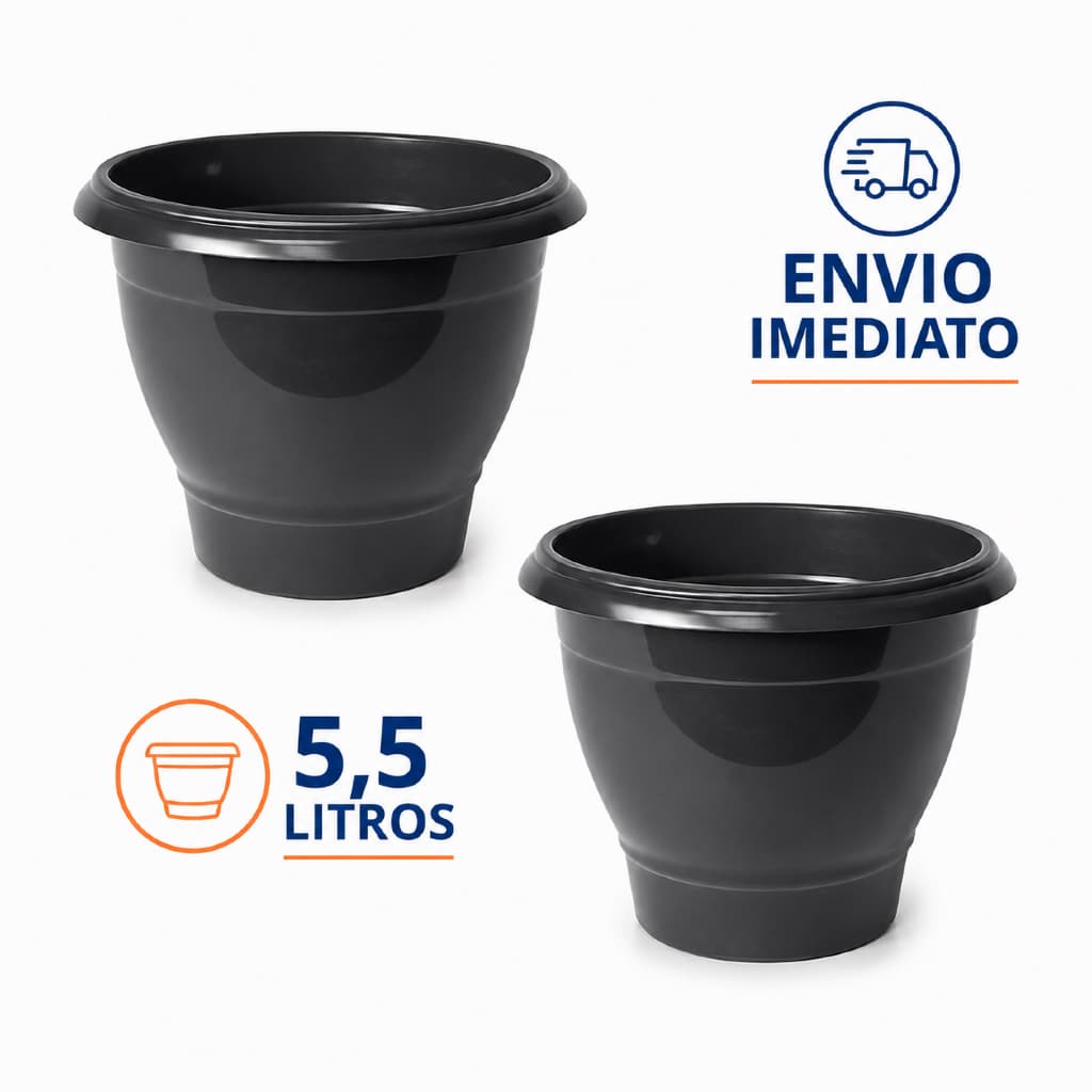 Kit Vaso Redondo Preto de 5,5L Resistente Para Jardim Planta Grandes Casa Mudas E Decoração