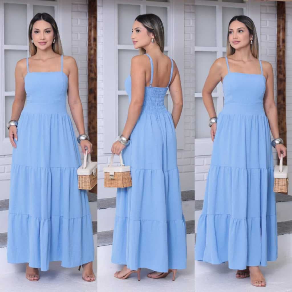 Vestido Longo Feminino Duna Liso com Bojo Alça Regulável Lastex nas Costas Elegante