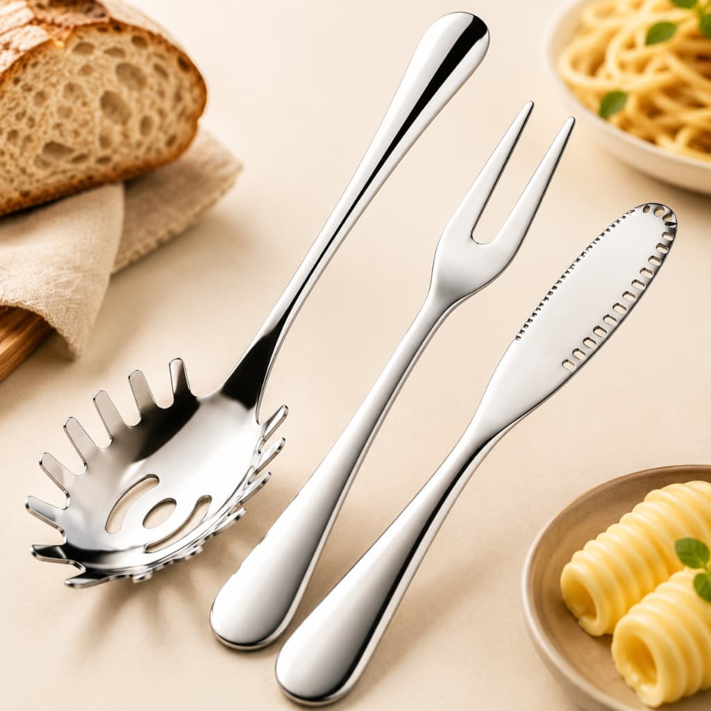 Kit Cozinha Aço Inox Positano Lyor  - Pegador Massa / Garfo Assado  / Espátula Gourmet