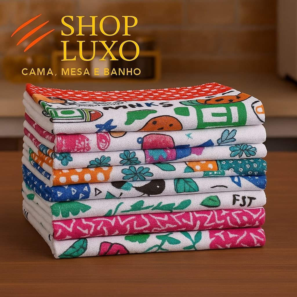 Kit 5 Panos de Copa Estampados Super Macios 100% Algodão Alta Absorção 40x60
