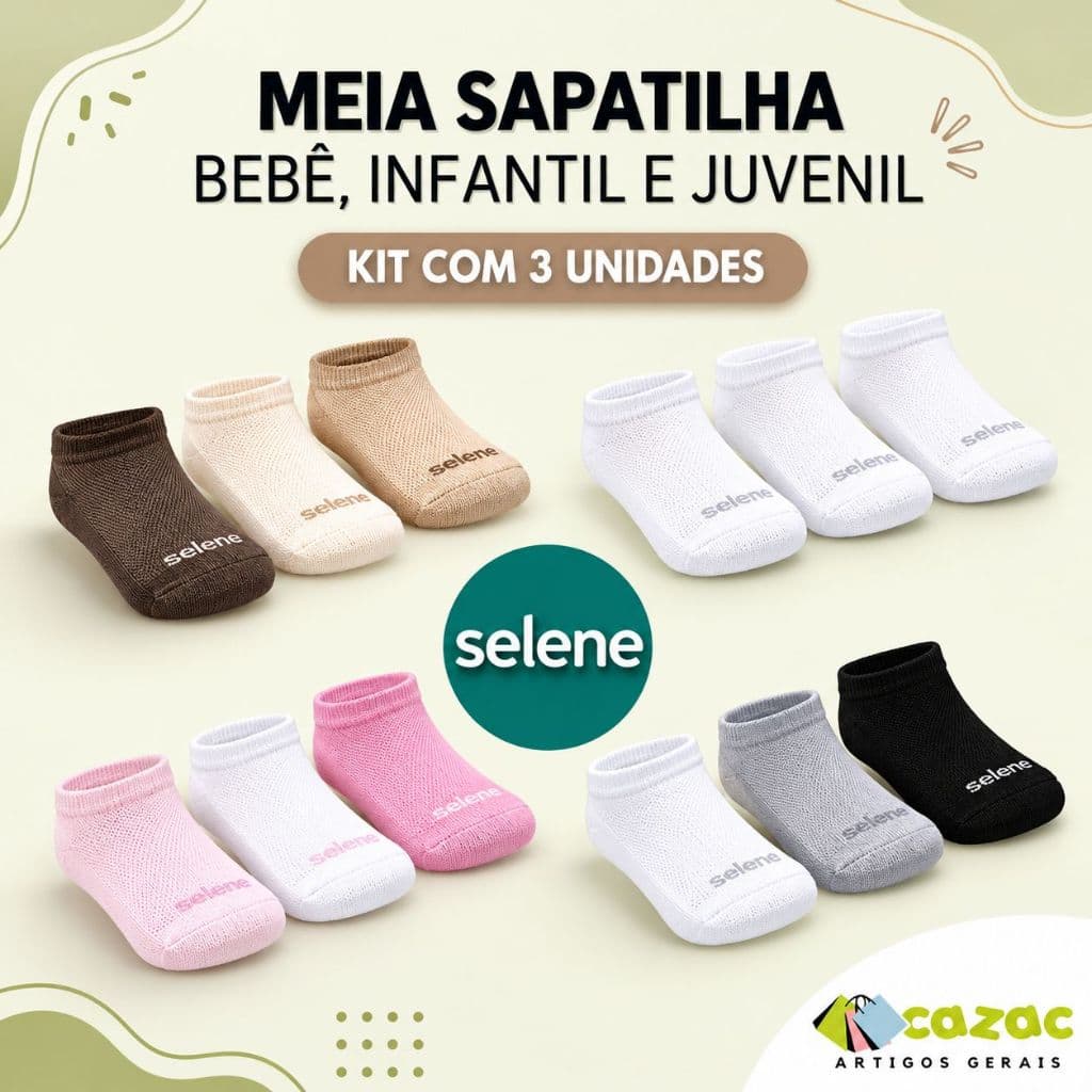 Kit 3 Pares Meias Bebê Infantil Sapatilha Selene Costuras Lisa Designer Sofisticado Delicado Unissex